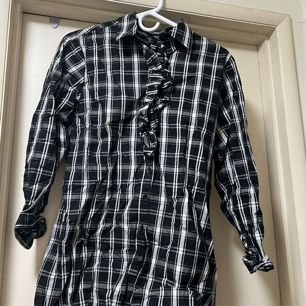 Black and White Plaid Ruffle Blouse